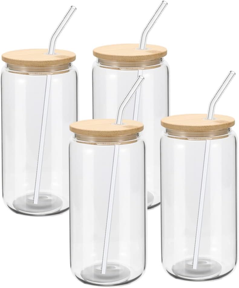16oz Clear Glass W/ Lid & Plastic Straw