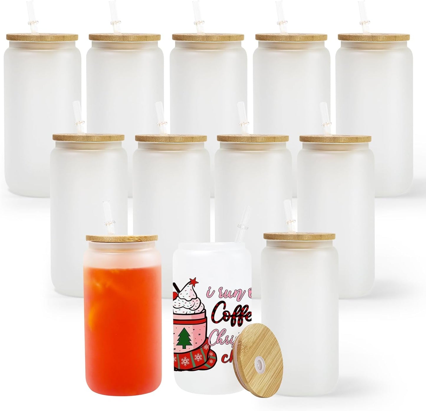 16oz Frosted glass cup with lid & straw