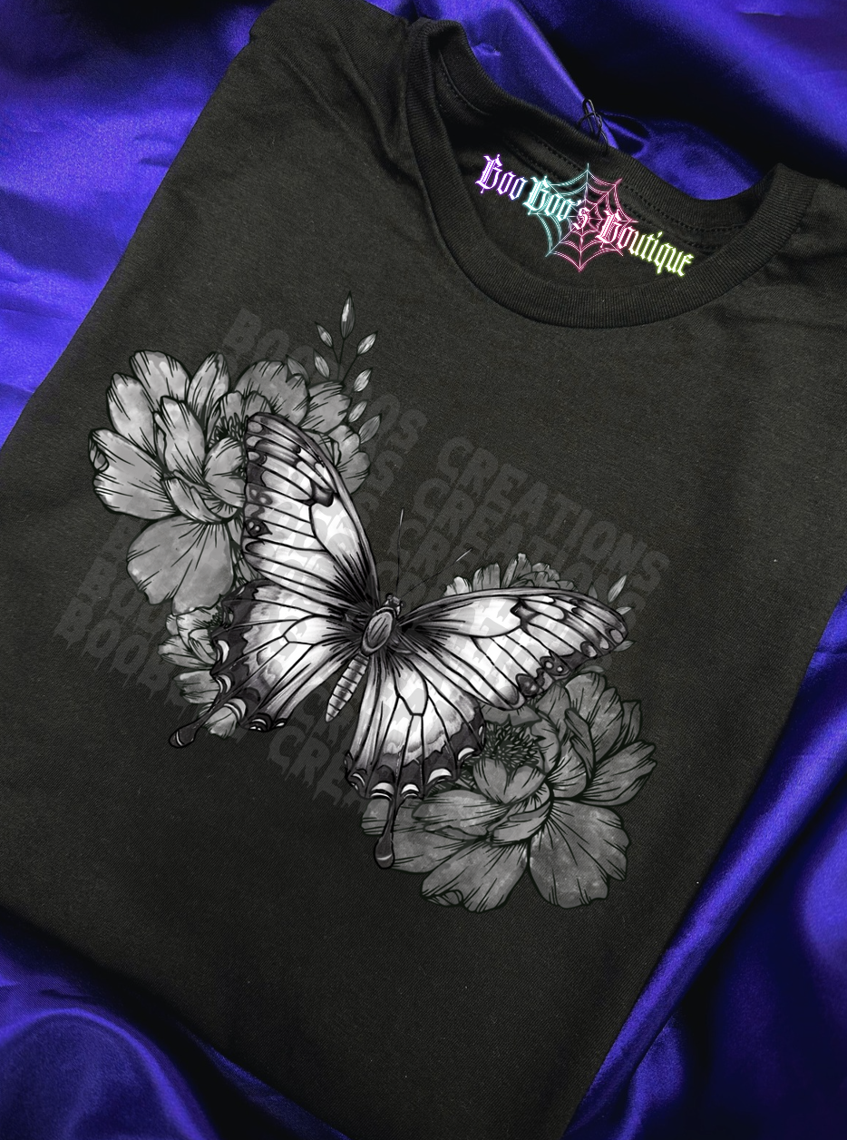 Butterfly Greyscale & Flowers HTV Unisex Tshirt (Made to order)