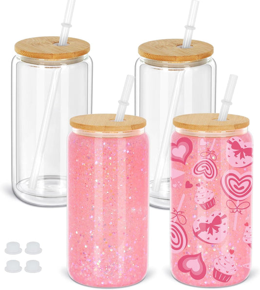 16oz Glass Bamboo Snow Globe Cup W/Lid & Straw