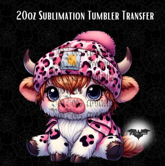 Highland Cow with pink Beanie 20oz Sublimation Transfer (Print To Order / 1-5 Business days)