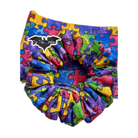 Puzzle Me Proud  – Multicolor Jigsaw Print Hair Scrunchie, Handmade Tight-Hold, No-Crease Hair Tie